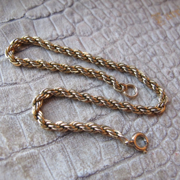 Gold Filled GF Rope Chain Bracelet, Vintage Age, Stamped 1/20 12k GF, 7 1/4 IN Length, Gold Fill Rope Chain Link Bracelet, As Is Condition