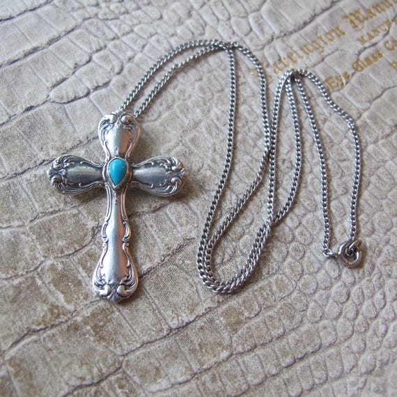 ターコイズスプーンタウルクロスペンダントチェーンネックレス、クロス