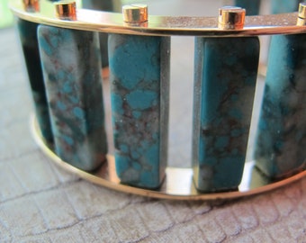 Designer Signed LS Turquoise-Blue Howlite Bar Stones Column Slider Cuff Bracelet, Gold Plate, Blue Stones, Handcrafted Quality Slide Cuff