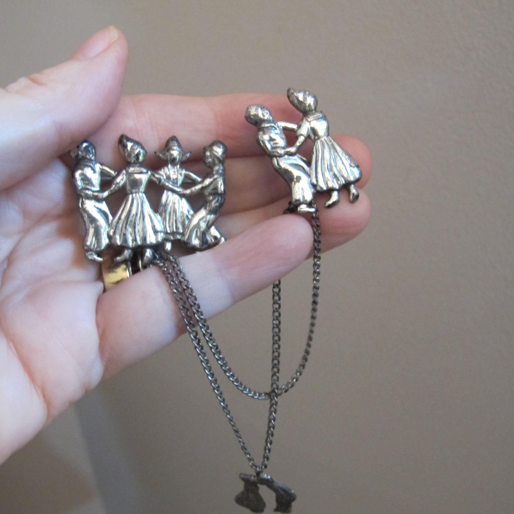 40s Era Sterling Silver Scatter Grouping Sweater Pins, Dutch Figural Style Dancing Merriment & Kissing Dutch Figures, Cardigan Sterling Pins