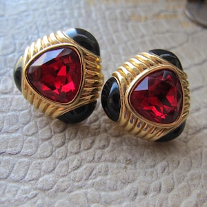 Swarovski Swan Gold, Black Enamel, and Ruby Red Crystal Austrian Stone Clip Back Earrings, On the Ear Statement Vintage Costume Earrings