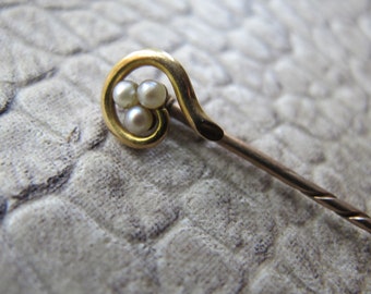 Antique Seed Pearl Floral Swirl 14k Gold Stickpin, Pin Gold Fill. Victorian to Edwardian Cravat Scarf Unisex Collar Lapel Pin. Wedding Groom