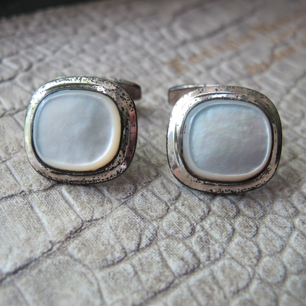 HM 835 Silver &  Mother of Pearl Cufflinks, Vintage Gent's Cufflinks, Scandinavian Silver Men's Fashion Cuff Links MOP Shell Mother of Pearl