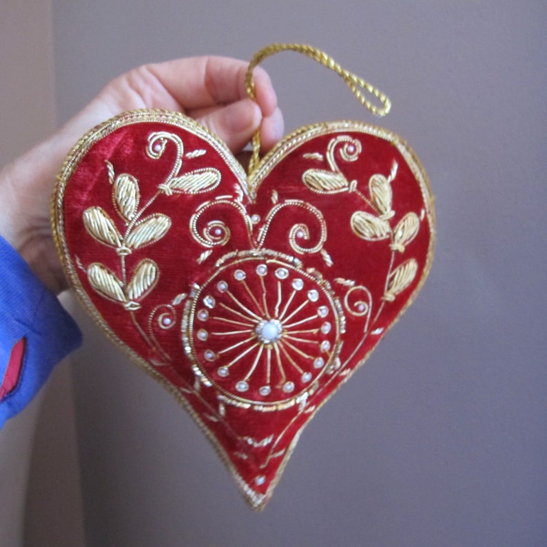 Red Velvet & Gold Bullion Embroidery HEART Christmas Holiday Etsy