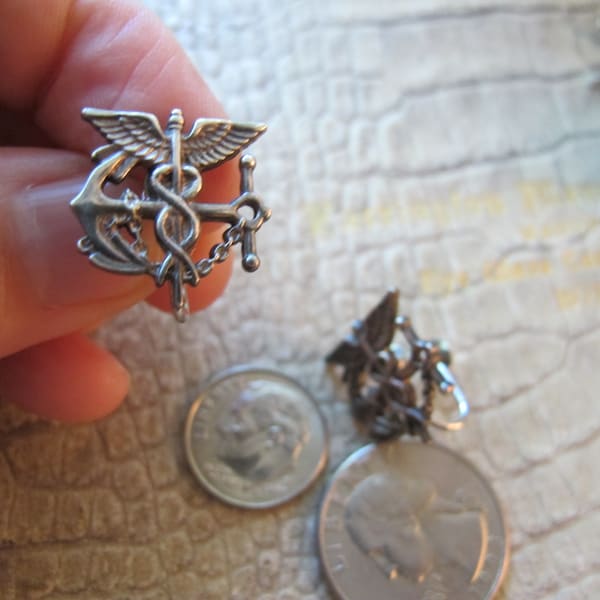 Caduceus, Wings & Anchor Silver USPHS Collar-Pins Converted to Earrings. Military Naval Navy Medical Silver Pin, NOW Screw On Back Earrings