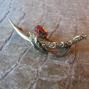 Antique Crescent Floral Gold Fill Lace Pin, Tiny Victorian Edwardian Art Nouveau Brooch, Glass Bead Flower, Leaf, Crescent Sliver Moon Pin