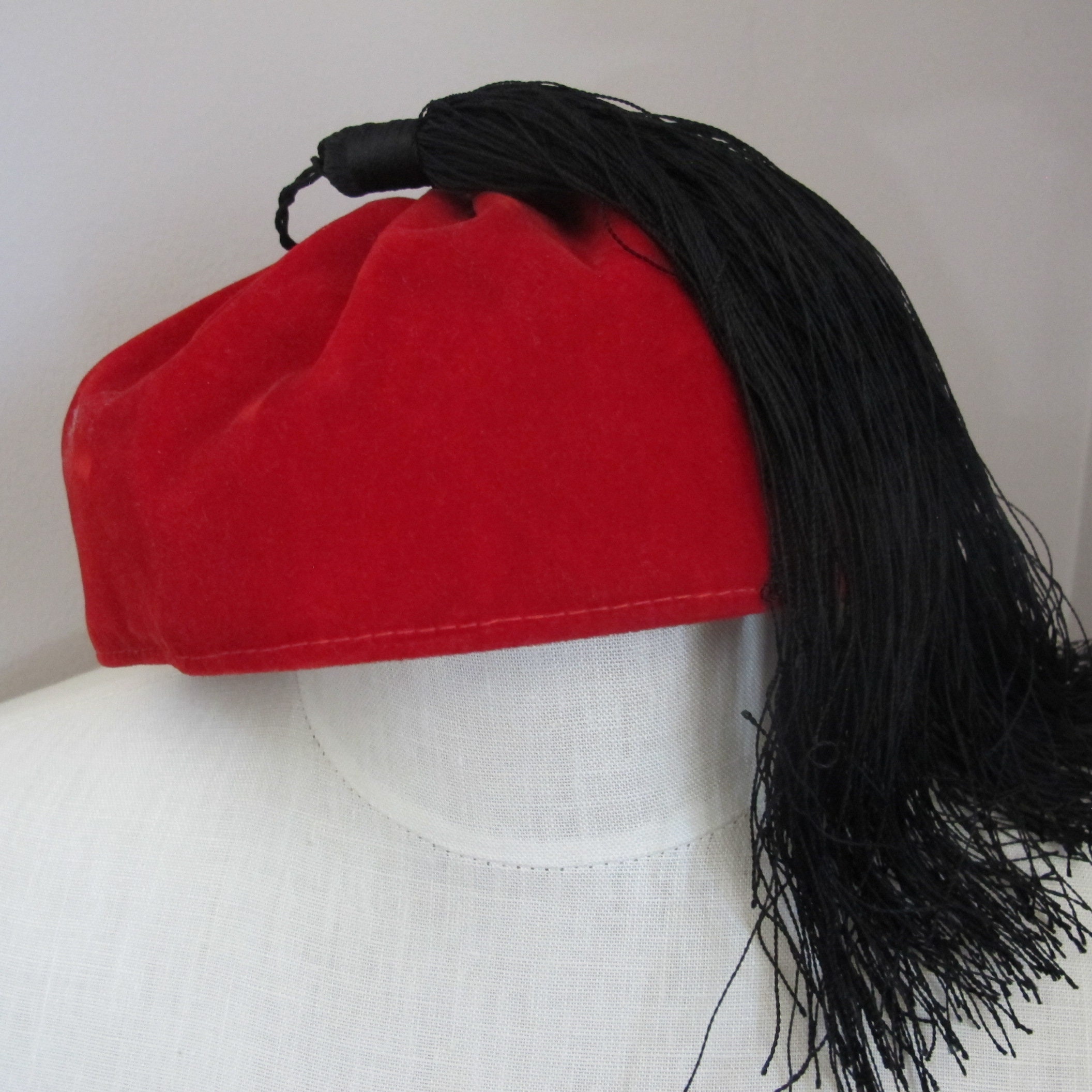 Greek Red Velvet Hat Gold Braided Tassel Vintage Handmade Genuine Egyptian Turkish Red Fez Tarboush Hat Gold Tassel  main image 3
