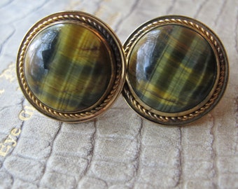 Hawks Cats Tigers Eye Gemstone Men's 12k GF Cufflinks by Designer Destino Statement 1960's to 1970's Gent's French Cuff Fashion Formal Links