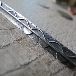 Designer Signed Sterling Tribal Modernist Silver Bar Pin, Brooch. Handmade Sterling Silver Art Jewelry, Fused Discs and Wire 3D Brooch Pin