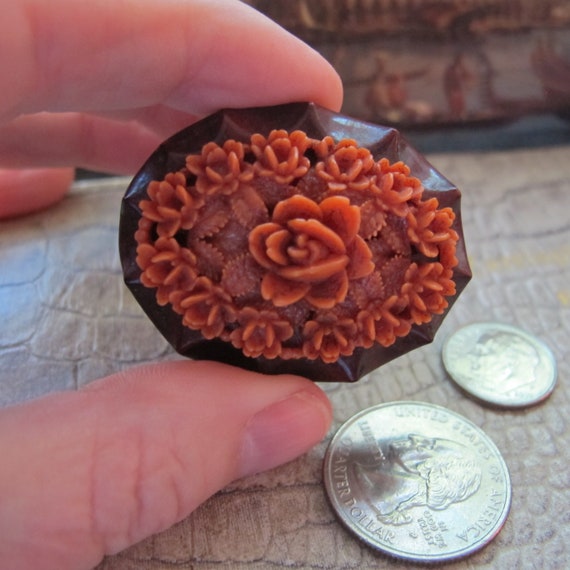 Celluloid Coral Resin Floral Brooch Pin, Button, … - image 1