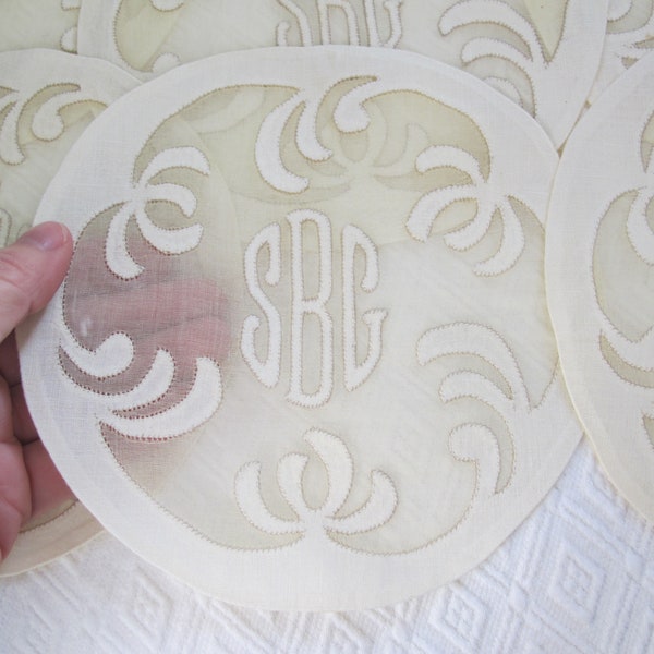 Monogrammed Art Deco Vintage Table Linens Coasters, Round Formal Tabletop Doilies, Handmade Cotton Linen, sBc Elegant Entertaining Barware