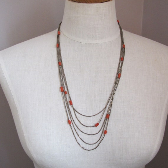 Liquid Sterling Silver & Coral Bead 5 Strand Neck… - image 4