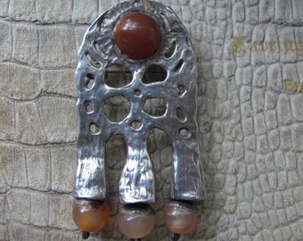 Scandinavian Style Brutalist Brooch Pendant, 925 Silver, Sterling Silver, Carnelian Agate Bead Stones, Art Artist Artisan, Studio Nordic Pin