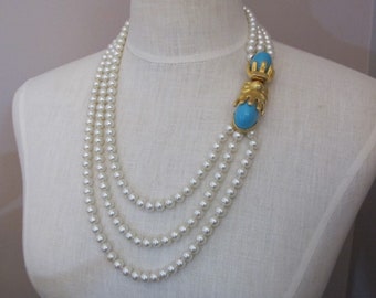 KJL Laguna Designer Signed BEST Costume Pearl Triple Strand Bead Necklace with Turquoise Fashion Cabochon & Gold Tone Statement Clasp, WOW