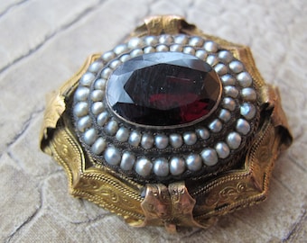 Georgian 15k Gold, Seed Pearl and Garnet Like Stone, Antique 1800's, 19th Century Romantic Fine Jewelry, Tube Hinge, C Clasp, Embossed Gold