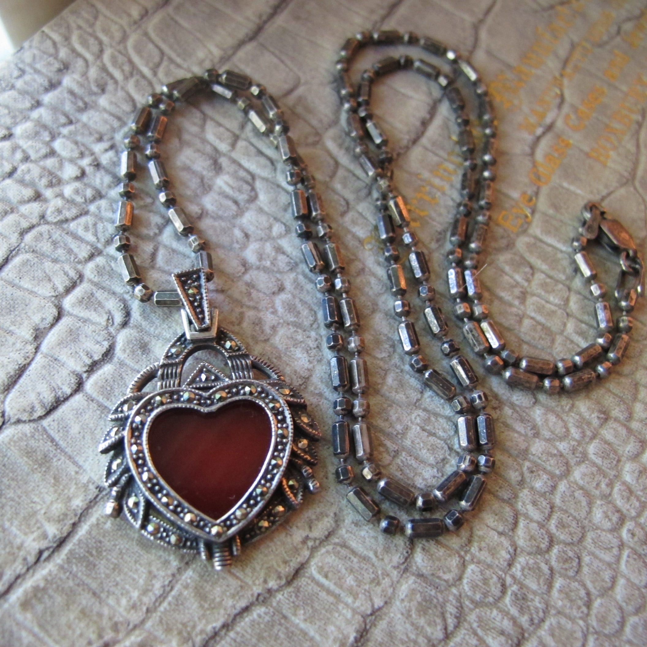 Sterling Silver Marcasite and Crystal Heart Pendant on Black Cord Necklace