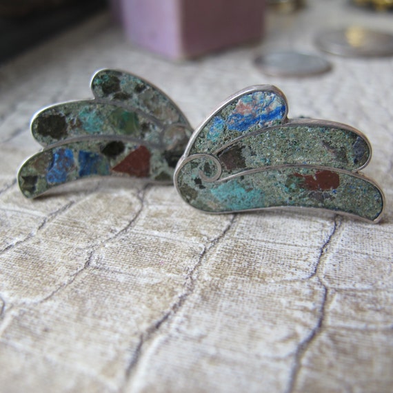 Mexican Mosaic Silver Earrings, Screw Back Earrin… - image 7