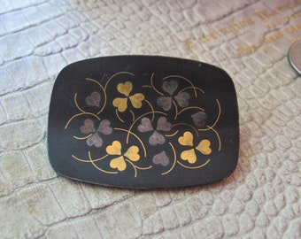 Japan Damascene Oxidized Silver & Gold Finish CLOVER Brooch Pin Japanese Artisan Handcrafted Art Brooch Obidome Floral Motif Fashion Jewelry