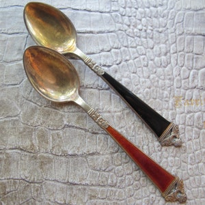 Scandinavian Gold Vermeil on Sterling w Enamel Handle Spoons, Demitasse Petite Small Spoons, 2 Total, As Shown, Guilloche Enamel Set Spoons