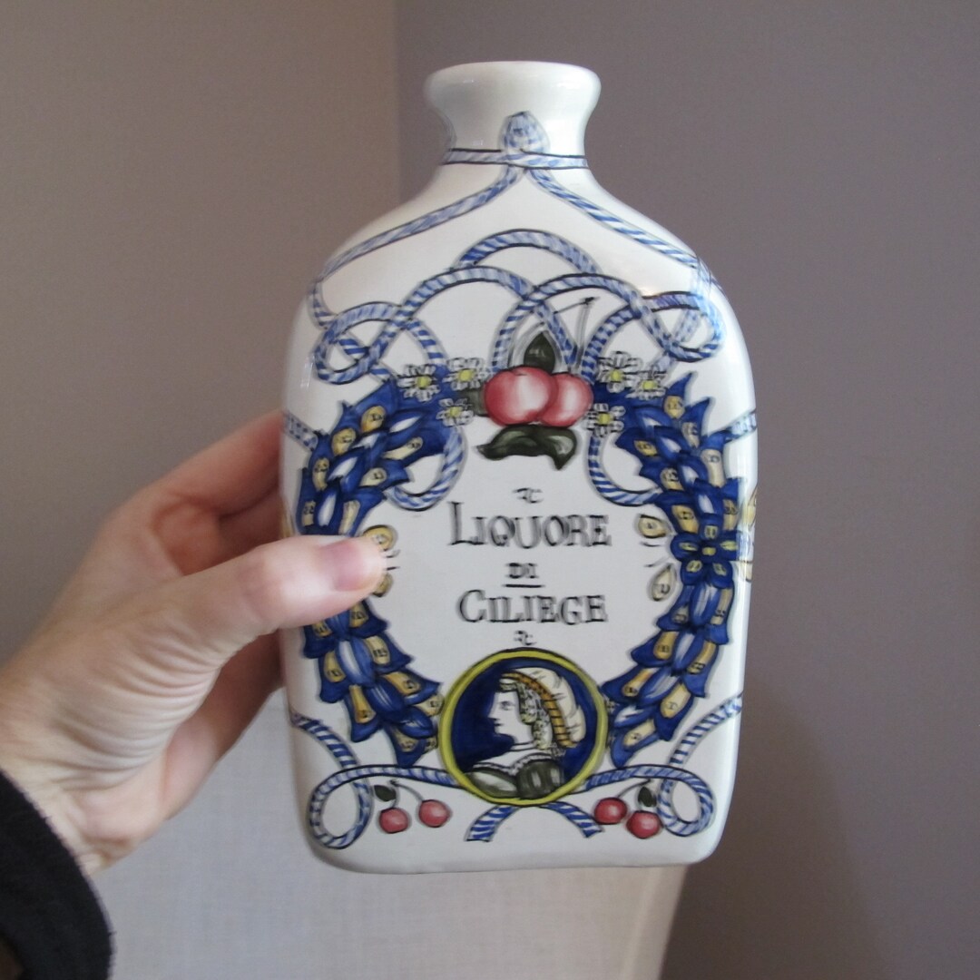Italian Handpainted Liquor Bottle. Italian Barware. Restaurant Supply Decor. liquore De Ciliege