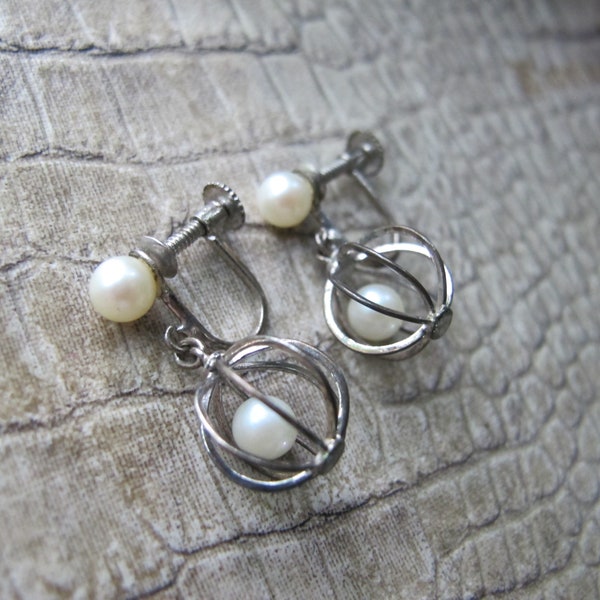 Caged Cultured Pearl Small Drop Dangle Earrings, Screw Backs, Maker Designer Signed RA Silver, Mid Century Romantic Vintage Japanese Pearls