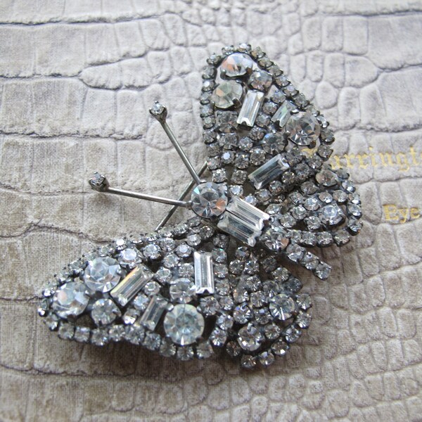 Good Rhinestone Encrusted Butterfly Brooch Pin, Designer Style, Weiss or Julianna Quality Style, 1950's Clear Rhinestone Crystal Insect Pin