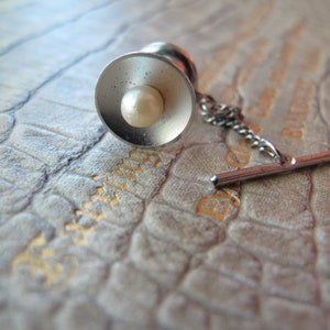 Sterling Silver Pearl Tie Tack, Tie Pin, Tie Stay or Small Collar Lapel Pin, 1970's Men's Tie Fashion Tack Pin, Gemstone Pearl and Sterling