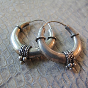 Balinese Bali to India Style Tribal Exotic Sterling Silver Hoop Earrings, Hand Granulation, Ethnic Vintage Tribe Silver Quality Jewelry