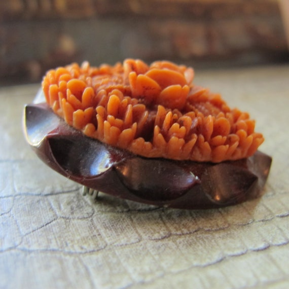 Celluloid Coral Resin Floral Brooch Pin, Button, … - image 2