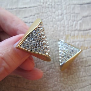 1980's Pave Rhinestone Silver & Gold Tone Designer Quality Clip Back Earrings, Statement, 80's Chic Costume Crystal Stone Ear Clips Earrings