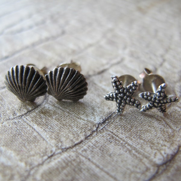 Shell and Starfish Sea Star Seashell Small Sterling Silver Stud Pierced Earrings, 925 Silver Little Petite Earrings, Beach Sea Resort Summer