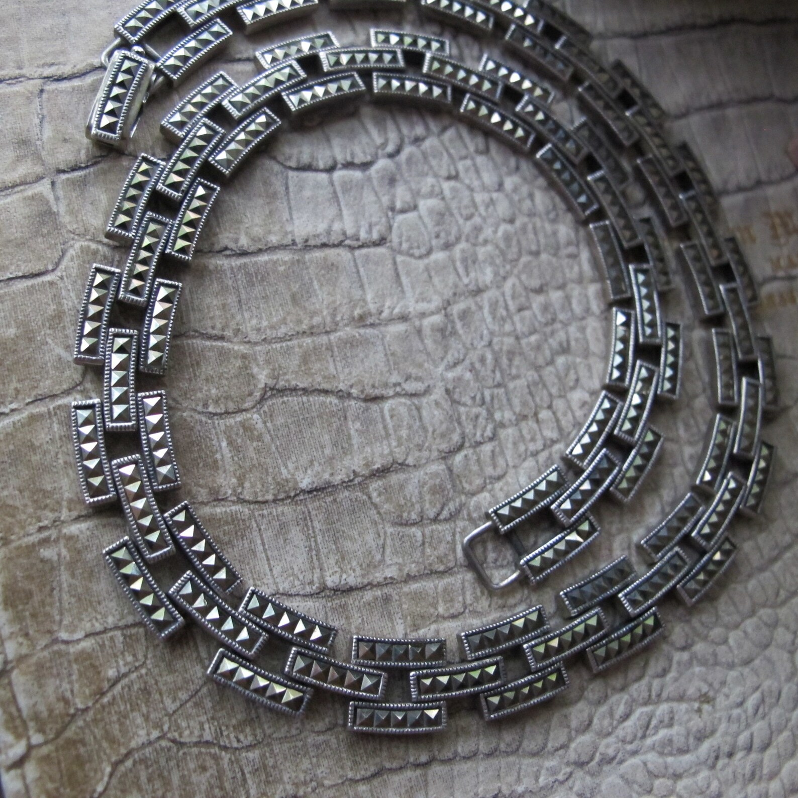 Marcasite Studded Silver Panel Link Necklace Collar Art Deco Etsy