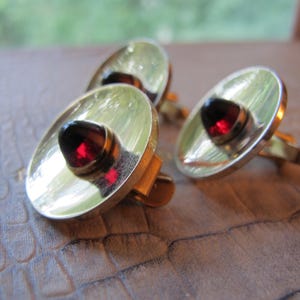 Men&#39;s Dress Set Cufflinks n Tie-clip by ANSON in Gold-tone & Bullet Red Glass Cabochon Stones, Mid Century Modern Men&#39;s Fashion Accessories