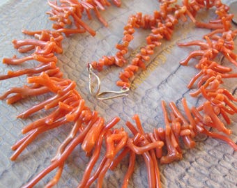 Mediterranean Branch Coral Bead Necklace Gold Vermeil 925 Sterling Clasp Professionally Hand Strung, Hand Knotted w/ Coral Silk Exotic Coral