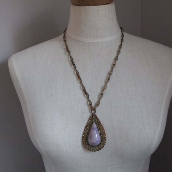 Mexican Brass & Copper Gemstone Pendant Chain Nec… - image 1