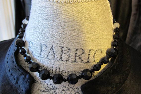 Art Deco French Jet Black Clear Quartz Crystal Bead Necklace. Black Deco Fashion Jewelry. Newly Restrung Black Glass Bead Necklace Choker
