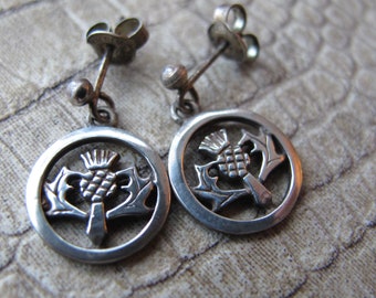 Celtic Scottish Thistle Pierced Drop Dangle Earrings, Vintage Age, Unmarked Silver, Gaelic Irish, Highland, Scotts, Irish, National Floral