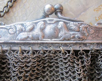 Whiting & Davis Early Egyptomania Egyptian Revival German Silver, Mesh Chain Handle Handbag Purse, AS IS Condition, HTF W and D Bags