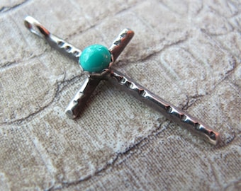 Navajo Sterling Silver with Turquoise Blue Stone Cross Pendant. Vintage Small Silver Cross. Native American Indian Handmade Silver Cross