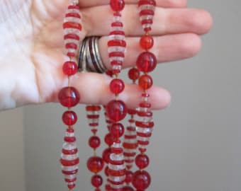 Art Deco Exceptional Crystal Bead Rope Opera Length + Long Bead Necklace. 1920's Flapper Authentic Fashion Bead Necklace, Candy Cane Colors