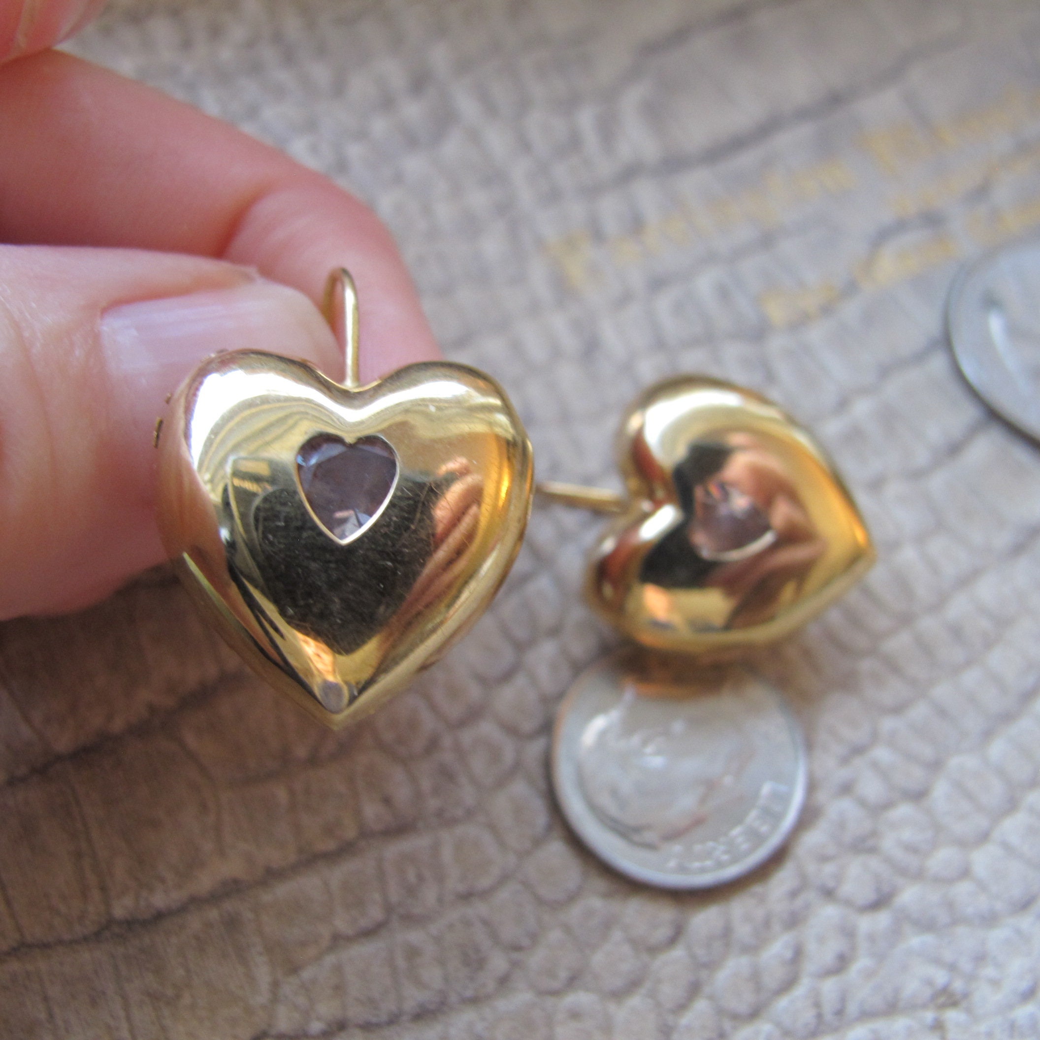 18k Yellow Gold Italian Puffy Heart Pierced Earrings Drop picture pic