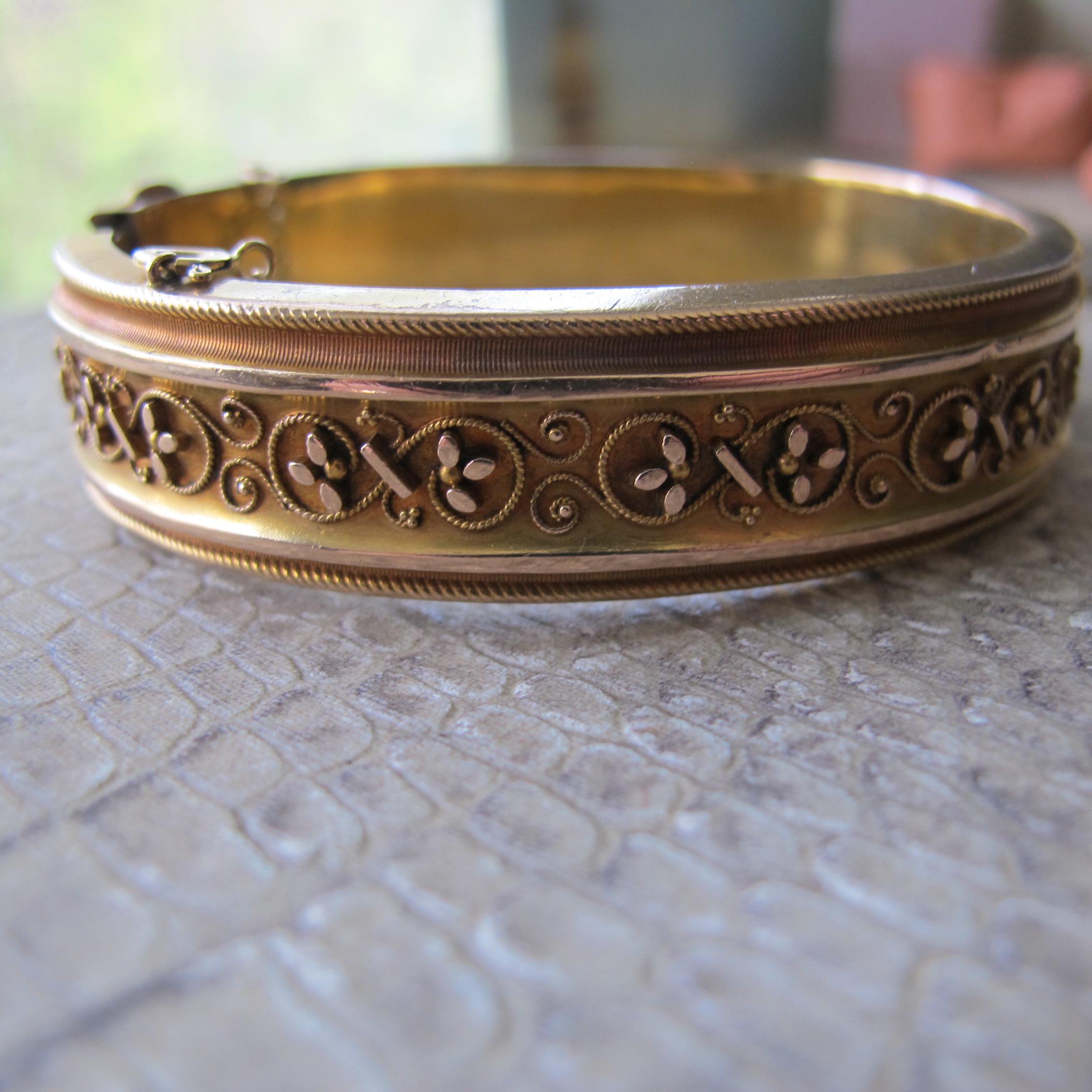 Etruscan Revival Victorian Bloomed 15k Gold Hinged Bangle Bracelet