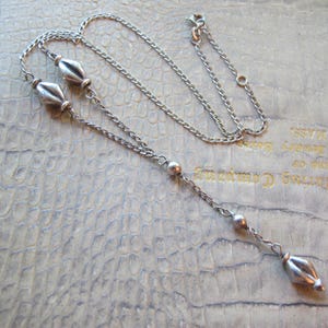 925 Sterling Silver Delicate Y Dangle Bead Chain Necklace, Made in India, 925 Silver, Curb Link Chain, Spring Ring Clasp, Signed, 17 Inch