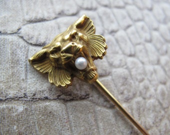 14k Yellow Gold LION w Pearl Victorian Stickpin, Cravat Lapel Scarf Pin. 19th Century 1800's Fine Jewelry 14k Stamped Gold Animal Head Pin