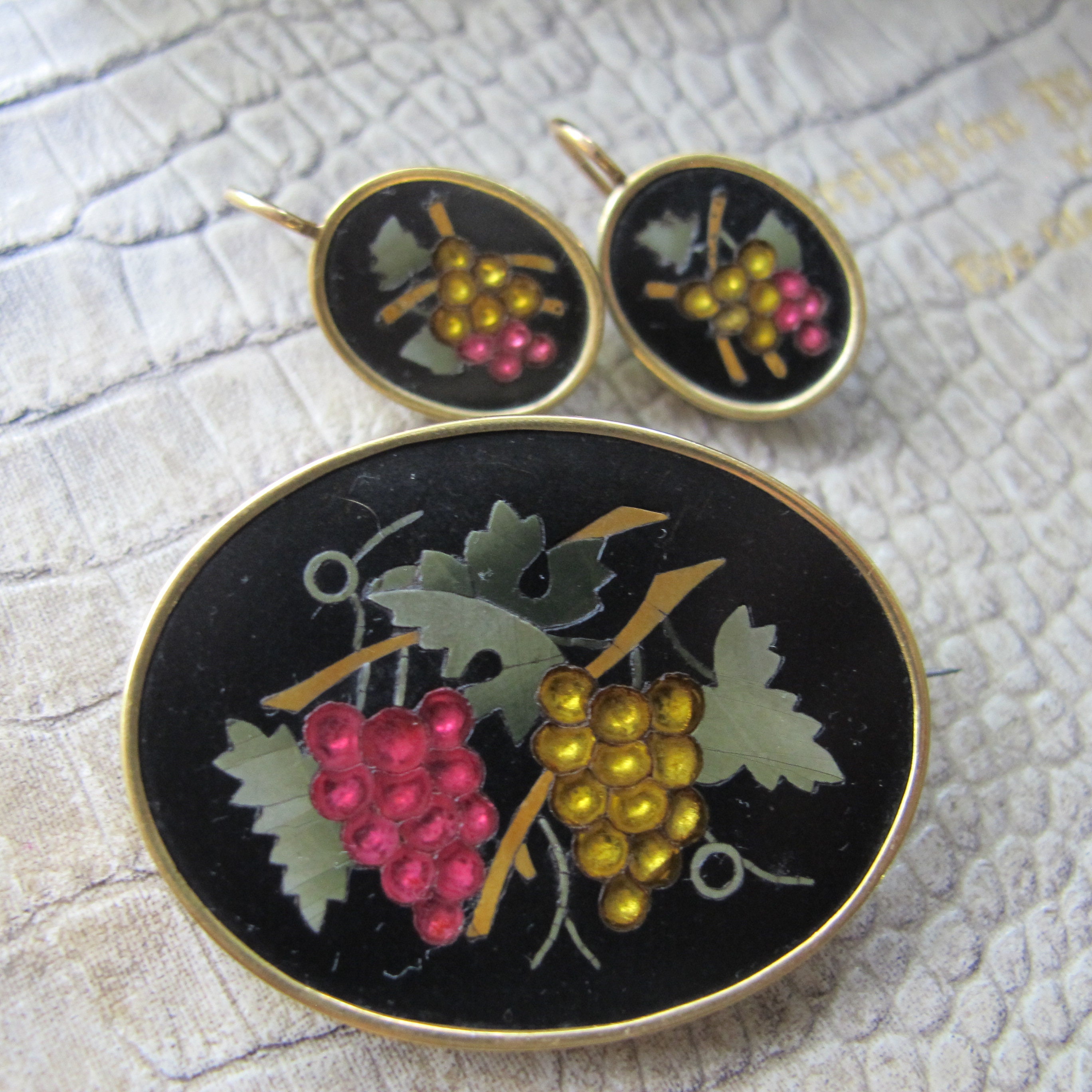 Pietra Dura Hardstone & Colorful Glass Grapes Fruit Botanical Antique Brooch and Pierced Drop Earrings. European Italian Style Handcrafted