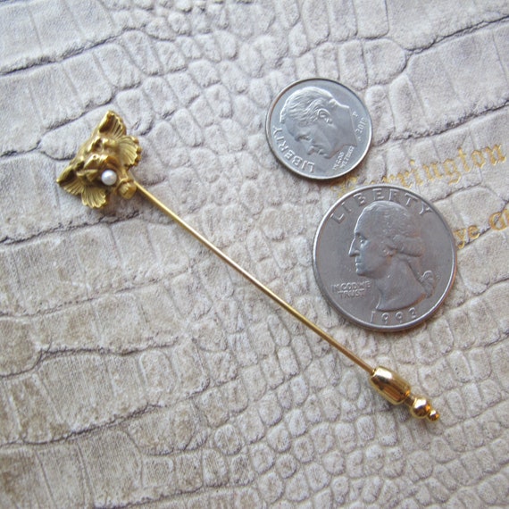 14k Yellow Gold LION w Pearl Victorian Stickpin, … - image 3