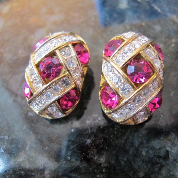 Boucher ? Attributed No 407 Bombé Hot Pink Rhinestone Ear Clips Earrings. 1980's Glamour Bold Crystal Stone Clip On Earrings, Designer Style