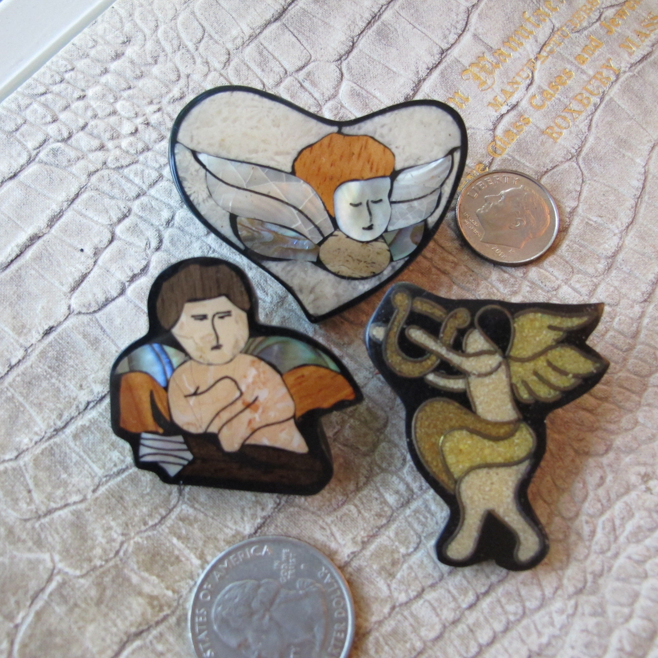 80's Handcrafted Mosaic Angel Pins, 3 Group Grouping Pins, Scatter Pin ...
