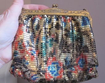 Whiting & Davis Painted Floral Pattern Gold Mesh Small Evening Bag Purse, Handbag Designer Signed, Gold Metal Frame, Kiss Clasp Chain Handle