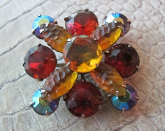 1950's Rhinestone, Art Glass Prong Set Austrian Crystal & Givre Glass Stone Brooch Pin, Designer Style Quality, Maker Unknown, 50's Vintage